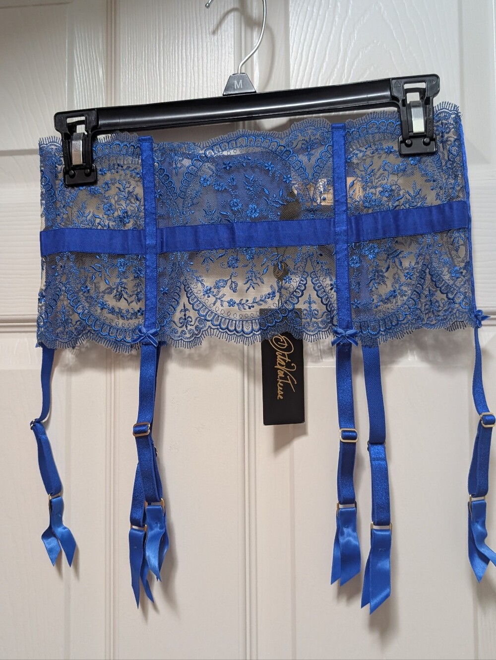 NWT Dita Von Teese Severine Suspender Embroidered Garter Belt Blue Size 12
